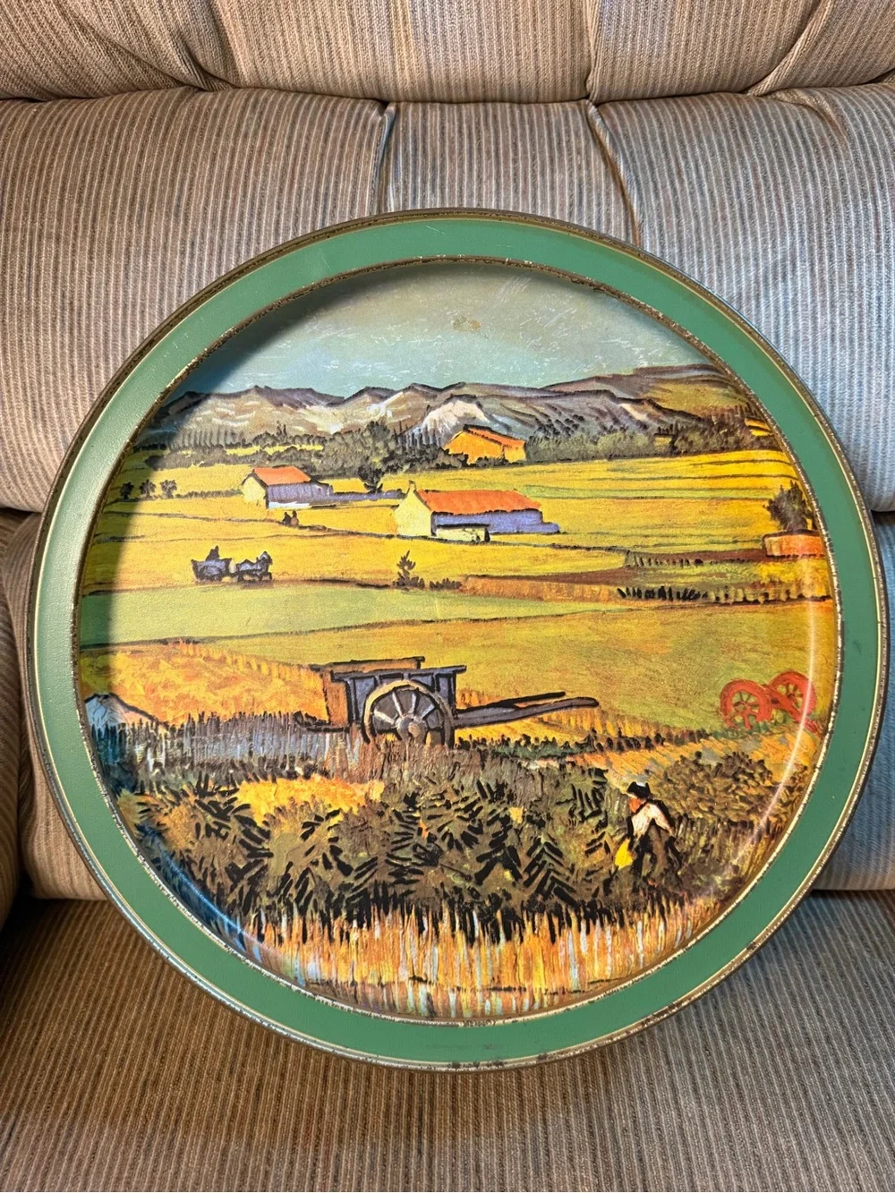 VTG Van Gogh Round Tin Tray with a different scene on each side. RARE